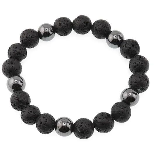 Bratara pentru barbati Roca vulcanica si Hematit sfere 10mm pe elastic