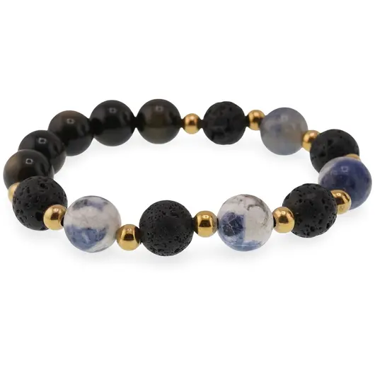 Bratara pentru barbati Sodalit, Obsidian si Roca vulcanica sfere 10mm pe elastic, imagine 2