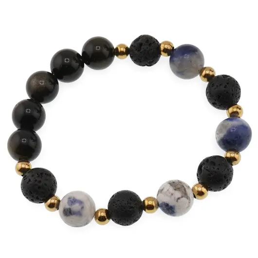 Bratara pentru barbati Sodalit, Obsidian si Roca vulcanica sfere 10mm pe elastic
