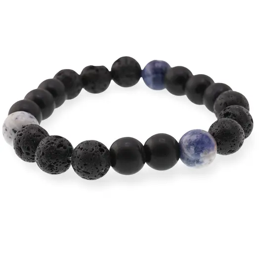 Bratara pentru barbati Sodalit, Onix mat si Roca vulcanica sfere 10mm pe elastic, imagine 2