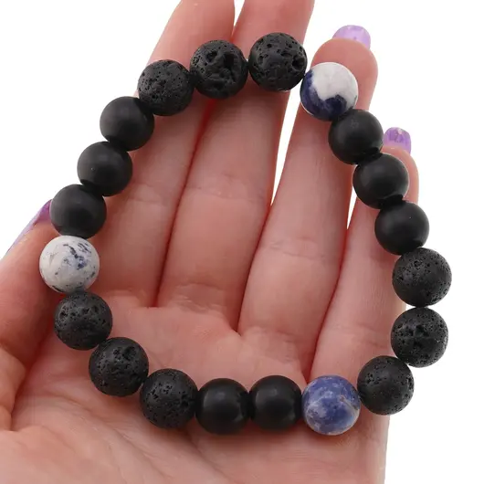 Bratara pentru barbati Sodalit, Onix mat si Roca vulcanica sfere 10mm pe elastic, imagine 4