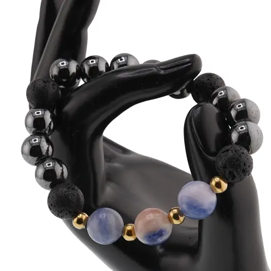 Bratara pentru barbati Sodalit, Hematit si Roca vulcanica sfere 10mm pe elastic, imagine 3