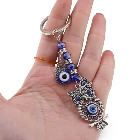 Breloc feng shui cu Bufnita, simbolul Hamsa si ochi protectori - 12cm, imagine 3