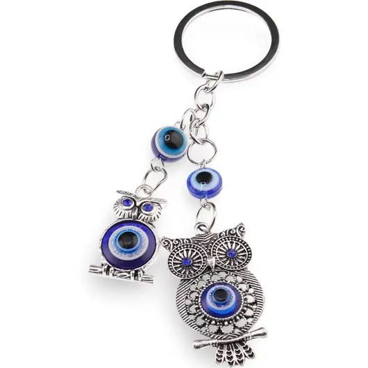 Breloc feng shui cu doua Bufnite si ochi protectori, 12cm