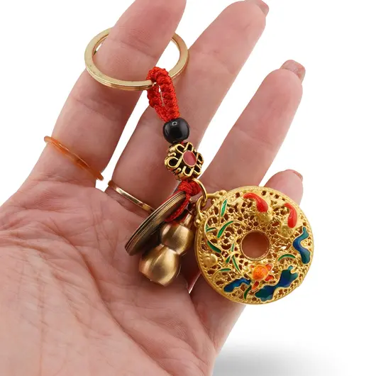 Breloc feng shui cu pesti Koi, Lotus, Wu Lou si monede chinezesti, premium - 10cm, imagine 3