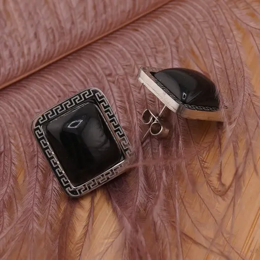 Cercei dreptunghiulari cu surub Obsidian si montura model grecesc, 16mm, imagine 2
