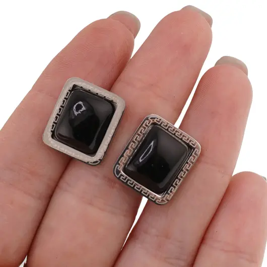 Cercei dreptunghiulari cu surub Obsidian si montura model grecesc, 16mm, imagine 3