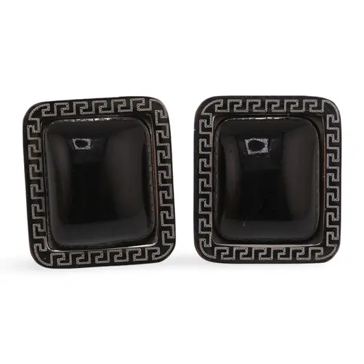 Cercei dreptunghiulari cu surub Obsidian si montura model grecesc, 16mm