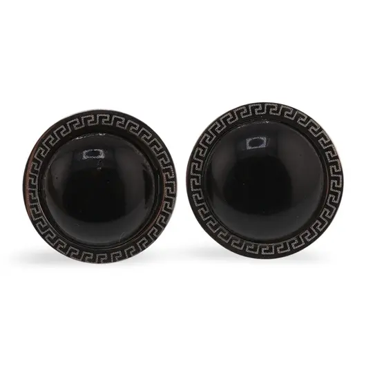 Cercei rotunzi cu surub Obsidian si montura model grecesc, 17mm