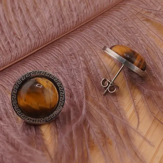 Cercei rotunzi cu surub Ochi de tigru si montura model grecesc, 17mm, imagine 2