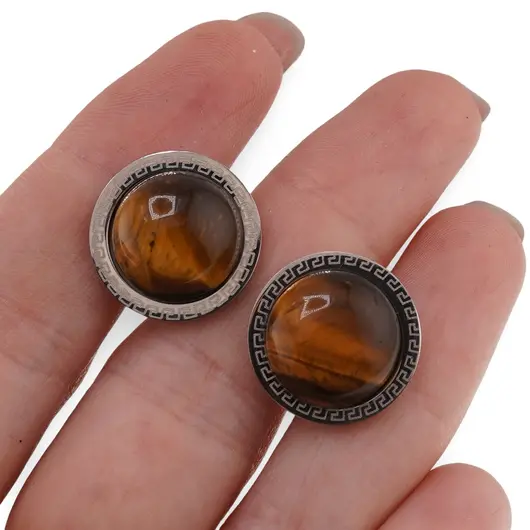 Cercei rotunzi cu surub Ochi de tigru si montura model grecesc, 17mm, imagine 3