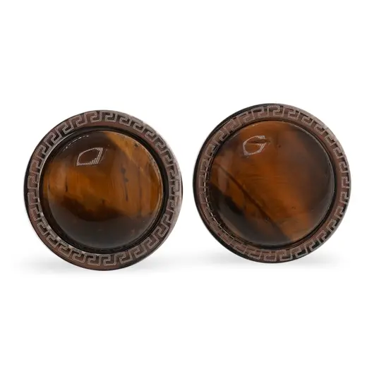 Cercei rotunzi cu surub Ochi de tigru si montura model grecesc, 17mm