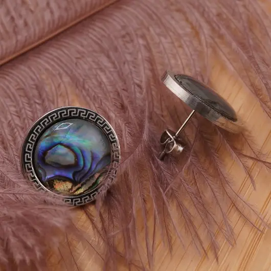 Cercei rotunzi cu surub Scoica Abalone si montura model grecesc, 17mm, imagine 2