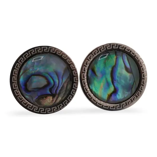 Cercei rotunzi cu surub Scoica Abalone si montura model grecesc, 17mm