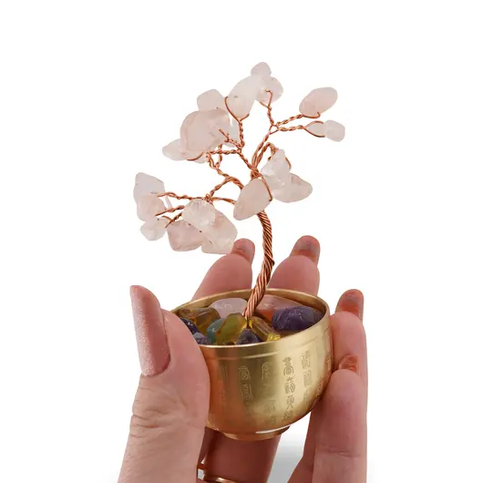 Copac cu cristale naturale de Cuart roz in bol metalic cu simboluri feng shui - 9cm, imagine 3