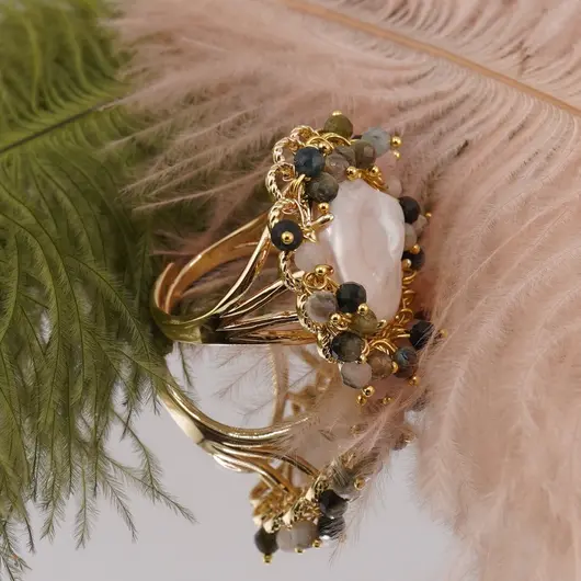 Inel reglabil cu perla de cultura rotunda si Turmalina multicolora, auriu, imagine 2