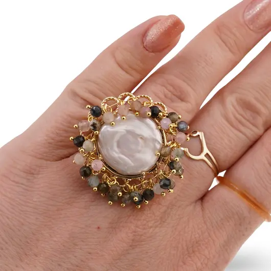 Inel reglabil cu perla de cultura rotunda si Turmalina multicolora, auriu, imagine 3