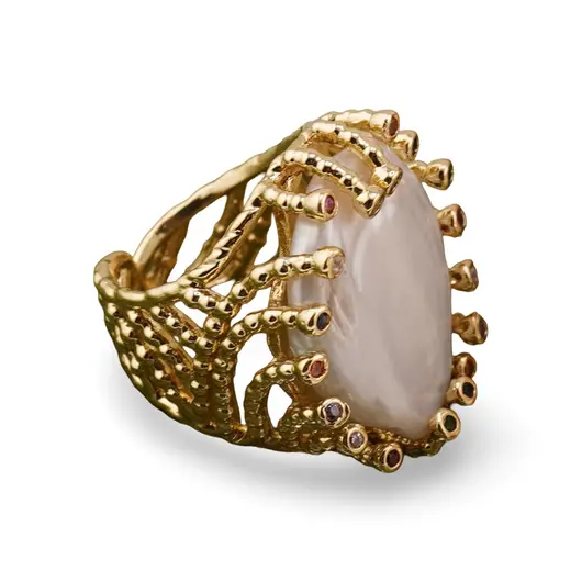 Inel reglabil cu perla de cultura, zirconiu colorat si montura aurie, imagine 2