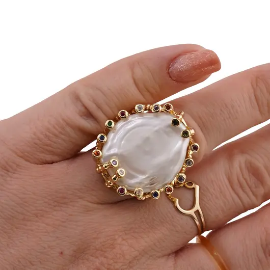 Inel reglabil cu perla de cultura, zirconiu colorat si montura aurie, imagine 3