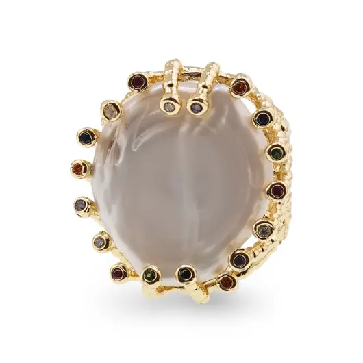 Inel reglabil cu perla de cultura, zirconiu colorat si montura aurie