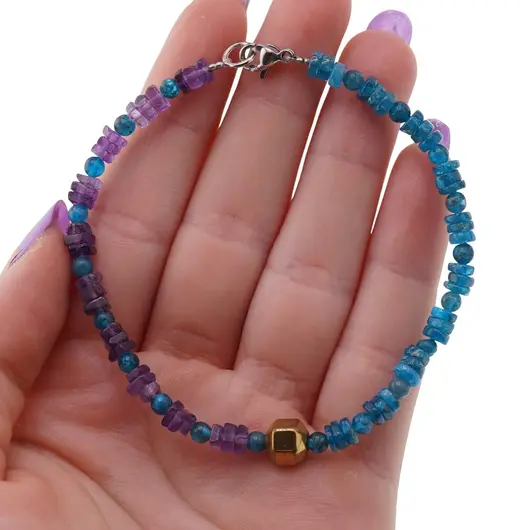 Bratara Apatit rondele si sfere 3-4mm, Ametist patratele 4mm si Hematit auriu, imagine 4