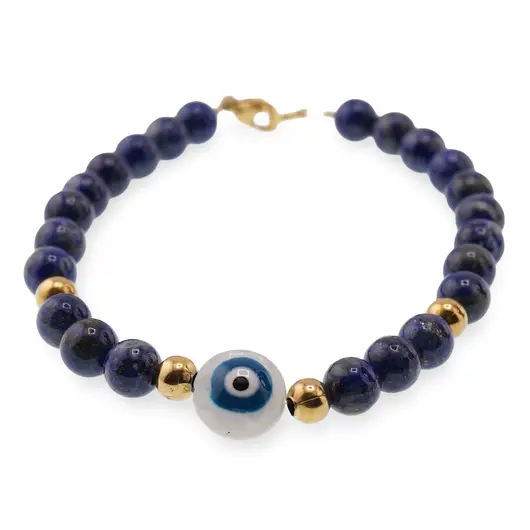 Bratara Lapis lazuli sfere 6mm cu Ochi protector si bumbi inox auriu, imagine 2