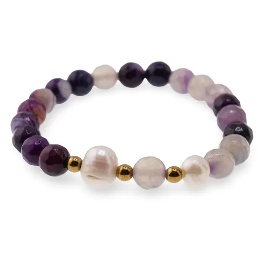 Bratara pe elastic Perle de cultura, bumbi aurii si Agat mov sfere fatetate 8mm, imagine 2