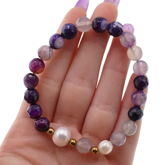 Bratara pe elastic Perle de cultura, bumbi aurii si Agat mov sfere fatetate 8mm, imagine 4