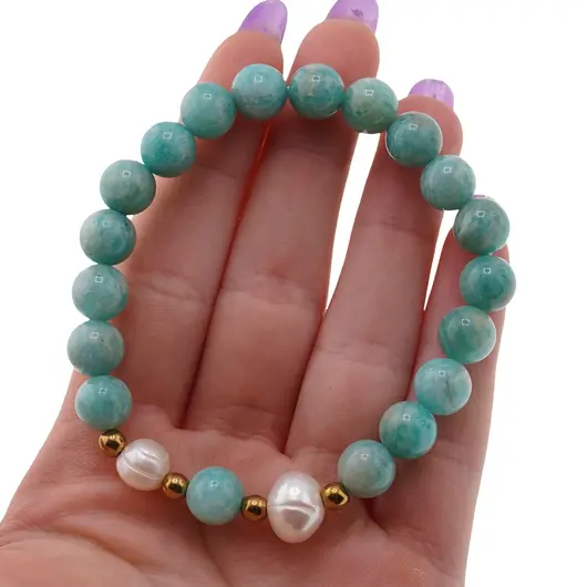 Bratara pe elastic Perle de cultura, bumbi aurii si Amazonit de Rusia sfere 8mm, imagine 4