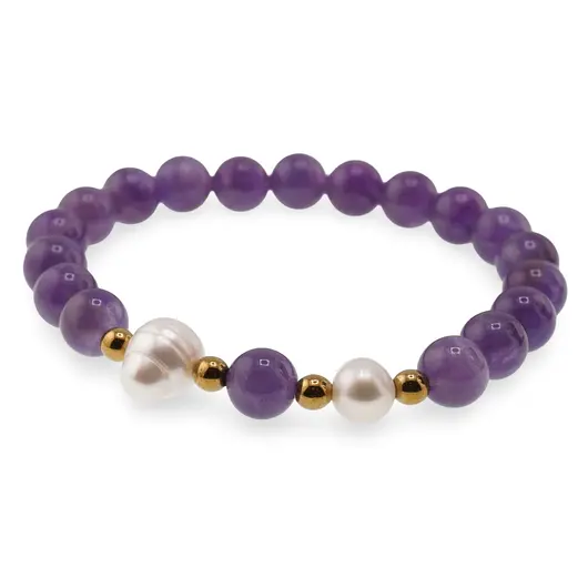 Bratara pe elastic Perle de cultura, bumbi aurii si Ametist sfere 8mm, imagine 2