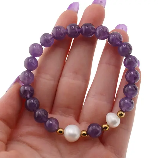 Bratara pe elastic Perle de cultura, bumbi aurii si Ametist sfere 8mm, imagine 4