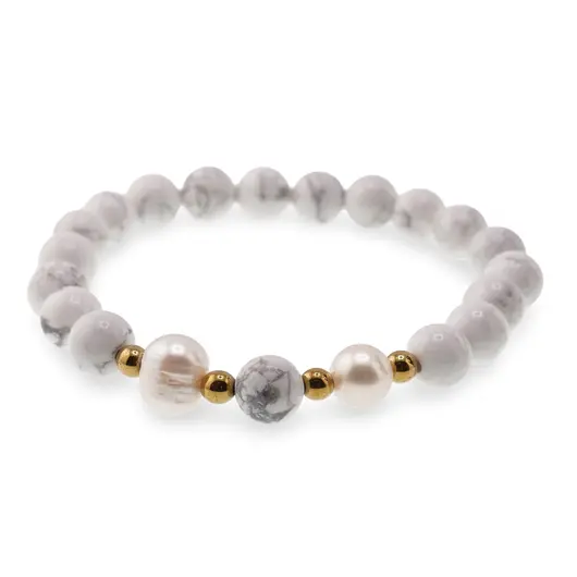 Bratara pe elastic Perle de cultura, bumbi aurii si Howlit sfere 8mm, imagine 2
