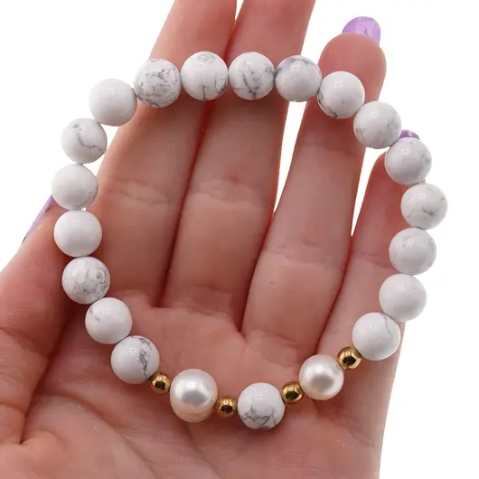 Bratara pe elastic Perle de cultura, bumbi aurii si Howlit sfere 8mm, imagine 4