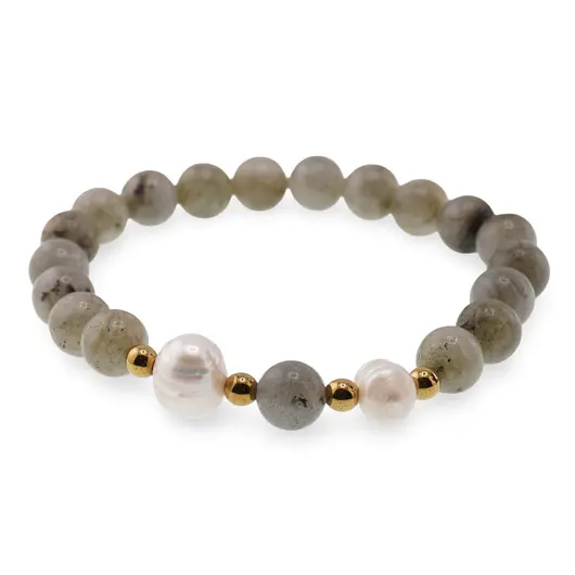 Bratara pe elastic Perle de cultura, bumbi aurii si Labradorit sfere 8mm, imagine 2