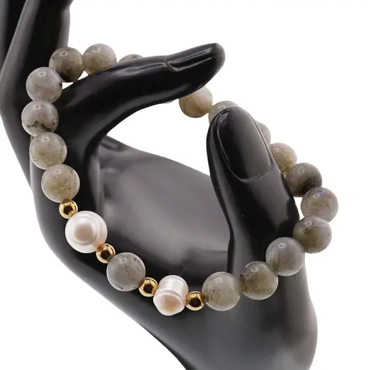 Bratara pe elastic Perle de cultura, bumbi aurii si Labradorit sfere 8mm, imagine 3