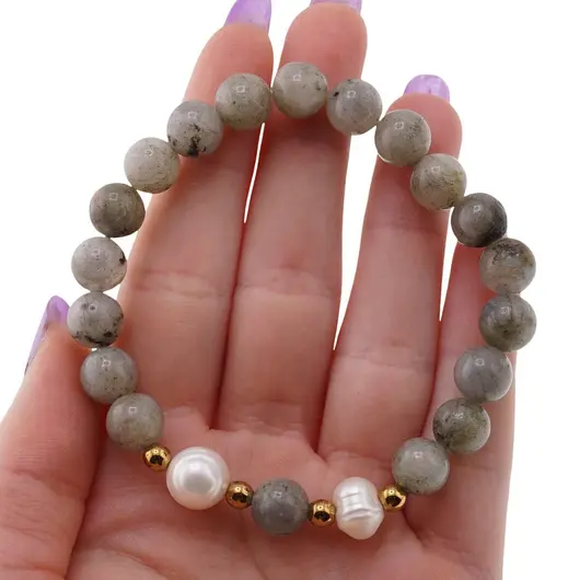 Bratara pe elastic Perle de cultura, bumbi aurii si Labradorit sfere 8mm, imagine 4