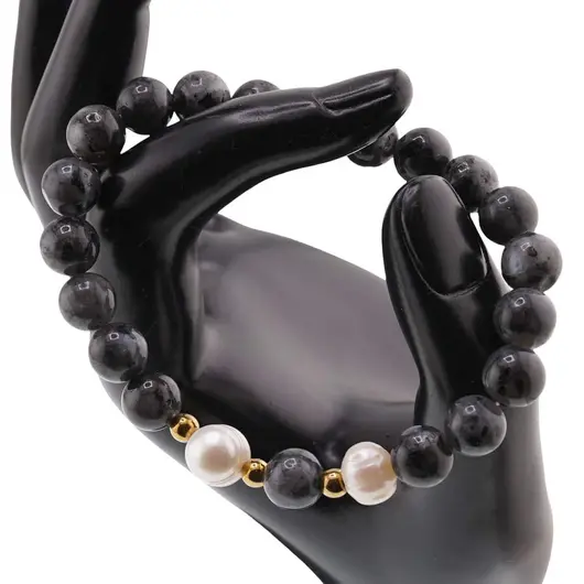 Bratara pe elastic Perle de cultura, bumbi aurii si Merlinit sfere 8mm, imagine 3