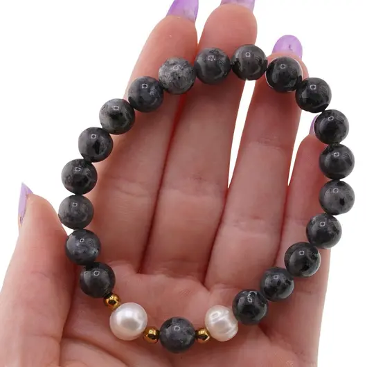 Bratara pe elastic Perle de cultura, bumbi aurii si Merlinit sfere 8mm, imagine 4