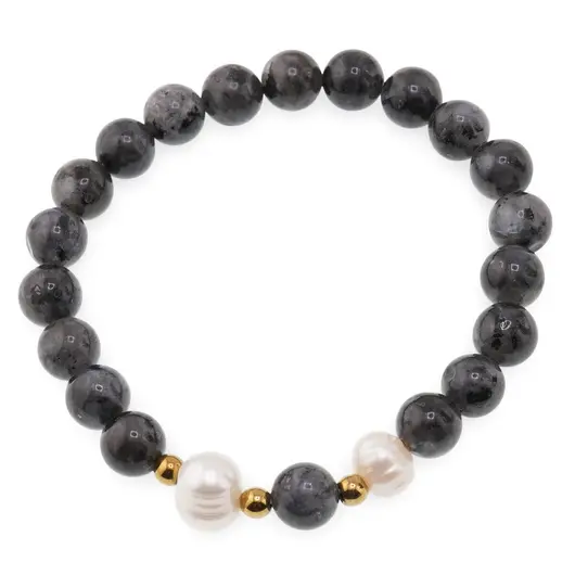 Bratara pe elastic Perle de cultura, bumbi aurii si Merlinit sfere 8mm