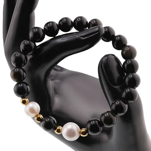 Bratara pe elastic Perle de cultura, bumbi aurii si Obsidian auriu sfere 8mm, imagine 3