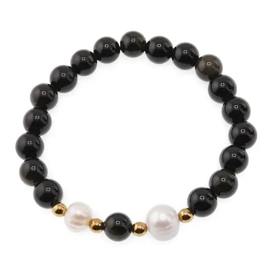 Bratara pe elastic Perle de cultura, bumbi aurii si Obsidian auriu sfere 8mm