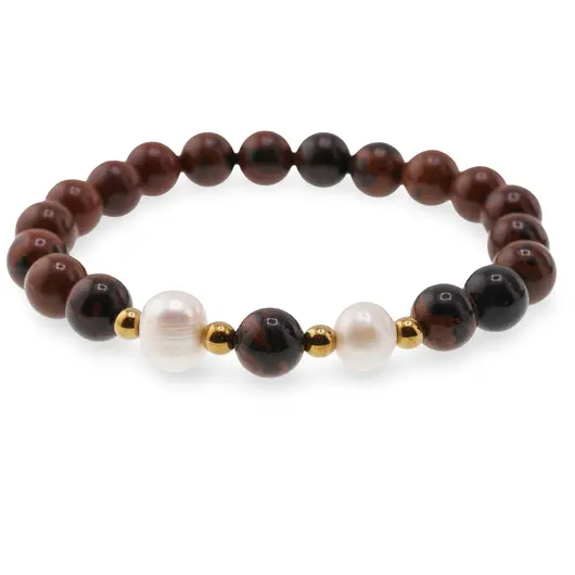 Bratara pe elastic Perle de cultura, bumbi aurii si Obsidian mahon sfere 8mm, imagine 2