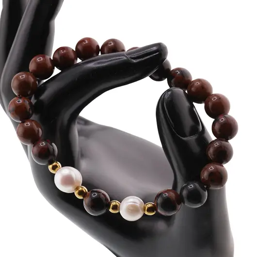 Bratara pe elastic Perle de cultura, bumbi aurii si Obsidian mahon sfere 8mm, imagine 3