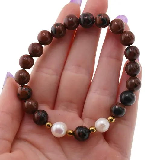 Bratara pe elastic Perle de cultura, bumbi aurii si Obsidian mahon sfere 8mm, imagine 4
