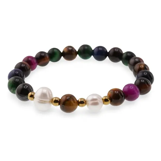 Bratara pe elastic Perle de cultura, bumbi aurii si Ochi de tigru colorat sfere 8mm, imagine 2