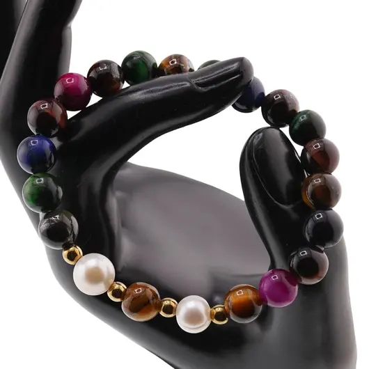 Bratara pe elastic Perle de cultura, bumbi aurii si Ochi de tigru colorat sfere 8mm, imagine 3