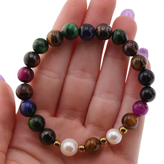Bratara pe elastic Perle de cultura, bumbi aurii si Ochi de tigru colorat sfere 8mm, imagine 4