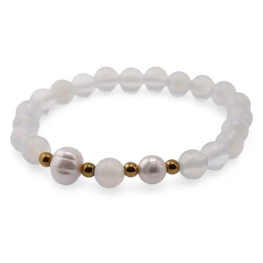 Bratara pe elastic Perle de cultura, bumbi aurii si Opalit sfere 8mm, imagine 2