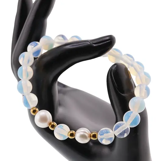Bratara pe elastic Perle de cultura, bumbi aurii si Opalit sfere 8mm, imagine 3