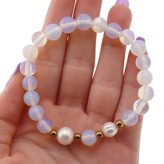 Bratara pe elastic Perle de cultura, bumbi aurii si Opalit sfere 8mm, imagine 4